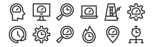 set of 12 thin outline icons such as time, deadline, time management, metronome, waiting, speedometer for web, mobile - Vector, Image