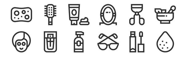 zestaw 12 cienkich konturów ikon, takich jak gąbka, okulary, perfumy, rzęsy lokówka, krem do twarzy, szczotka do włosów do sieci, ruchoma - Wektor, obraz