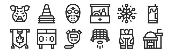 conjunto de 12 ícones de contorno fino, tais como pipoca, objetivo de hóquei, placar, flocos de neve, máscara de hóquei, cone para web, móvel
 - Vetor, Imagem