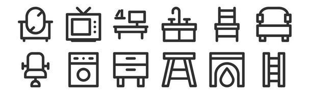 set di 12 icone sottili contorno come scala, sedia in legno, lavatrice, sedia, tavolo da ufficio, monitor tv per web, mobile - Vettoriali, immagini