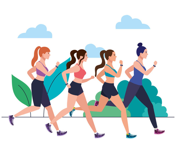 mulheres correndo ao ar livre, mulheres correndo no parque, mulheres de grupo em sportswear correndo na natureza
 - Vetor, Imagem