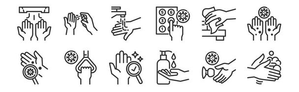 conjunto de 12 iconos de contorno delgado, tales como limpieza, líquido de limpieza, mango, materiales de limpieza, lavado de manos, gel de alcohol para la web, móvil
 - Vector, Imagen