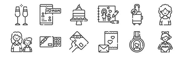 Set von 12 dünnen Umrissen Symbole wie kleines Mädchen, Grußkarte, Schokoladenbox, Gepäck, Kuchen, SMS für Web, Handy - Vektor, Bild