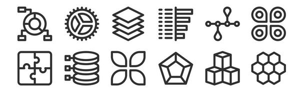 conjunto de 12 iconos de contorno delgado como panal, hexágono, gráfico, plazo, capas, ajustes para web, móvil
 - Vector, imagen