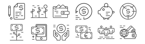 Satz von 12 dünnen Umrissen Symbole wie Internet-Banking, Geldwechsel, Einzahlung, Sparschwein, Brieftasche, Investitionen für das Web, mobile - Vektor, Bild