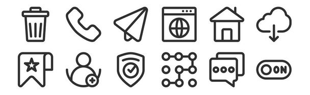 conjunto de 12 ícones de contorno fino, tais como interruptor, desbloqueio, usuário, casa, avião de papel, telefone para web, móvel
 - Vetor, Imagem