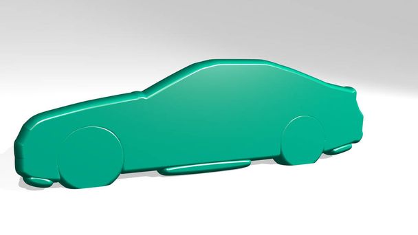 Auto stojí se stínem. 3D ilustrace kovové plastiky na bílém pozadí s jemnou texturou. auto a automobil - Fotografie, Obrázek