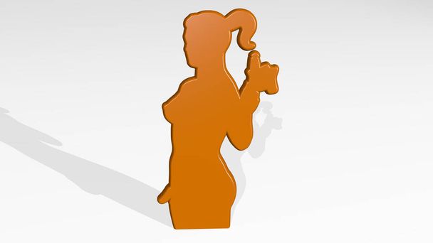 GIRL κατασκευασμένο από 3D απεικόνιση ενός γυαλιστερού μεταλλικού γλυπτού με τη σκιά στο φως φόντο. όμορφη και γυναίκα - Φωτογραφία, εικόνα
