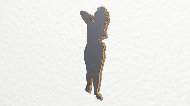 Duvardaki bir perspektiften kız. Üç boyutlu metalik malzemelerden yapılmış kalın bir heykel. güzel ve arka plan - Fotoğraf, Görsel