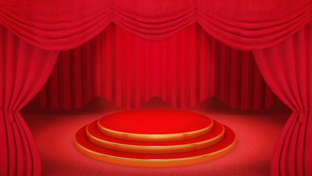 Scène rouge et or sur fond de rideau de théâtre rouge., rendu 3D. - Photo, image