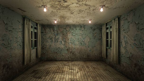 A belső kialakítás a horror és hátborzongató kár üres szoba., 3D renderelés. - Fotó, kép