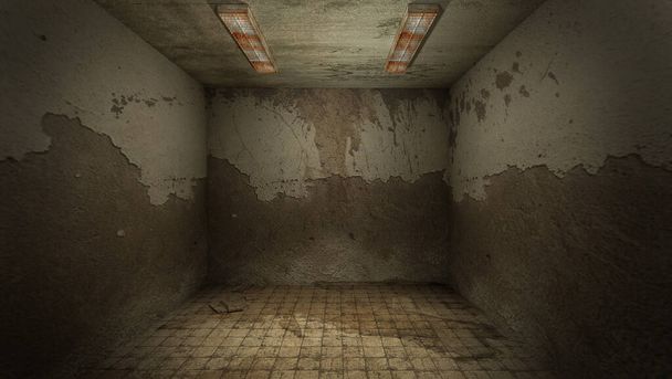 Η εσωτερική διακόσμηση του τρόμου και ανατριχιαστική ζημιά άδειο δωμάτιο., 3D απόδοση. - Φωτογραφία, εικόνα