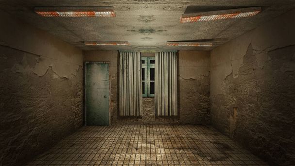 El diseño interior de horror y espeluznante daño habitación vacía., 3D renderizado
. - Foto, imagen