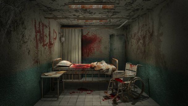 horror and creepy ward room in the hospital with blood .3D rendering - Photo, Image
