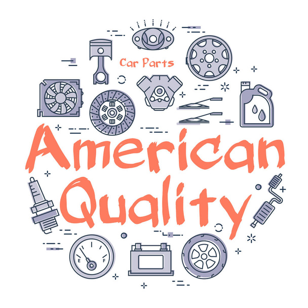 Vector lijn ronde banner van Amerikaanse kwaliteit auto-onderdelen - Vector, afbeelding