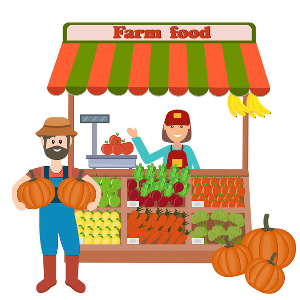 loja com legumes e frutas com um vendedor e um agricultor, ilustração vetor de cor em estilo plano em um fundo branco, banner, design, decoração
 - Vetor, Imagem