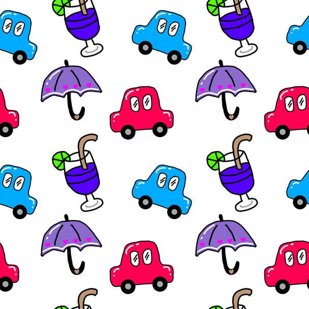 Barevné karikatury auta, deštník, nápoje bezproblémové opakování vzor pozadí. Kresba ilustrátorů  - Fotografie, Obrázek
