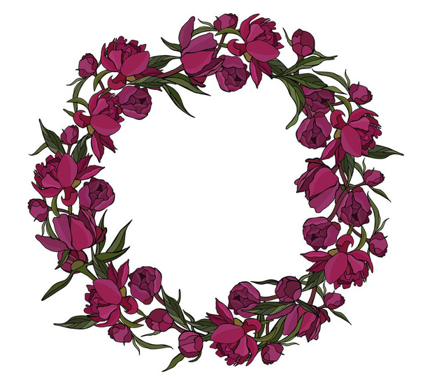 Wreath of peonies flowers. Suitable for design postcards. White background isolator. Stock illustration. - Vetor, Imagem