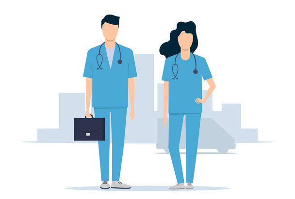 Emergency medical service. Doctors man and woman rush to the rescue. Vector illustration - Vector, Image