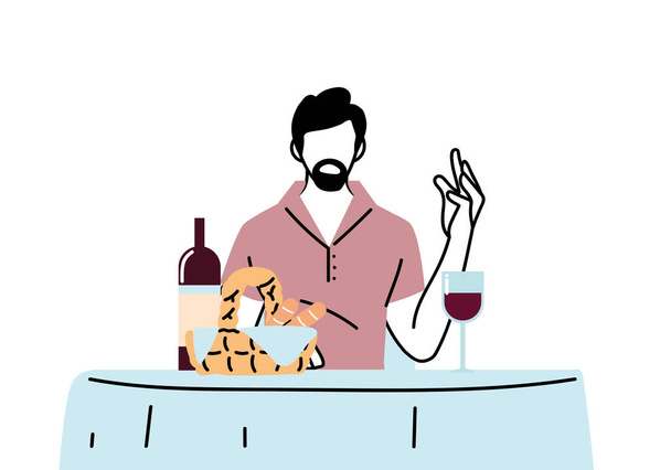 Mann sitzt mit Wein und Brot am Restauranttisch - Vektor, Bild