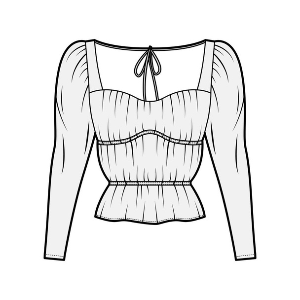 Camicia tecnica illustrazione di moda con corpo oversize, chiusura con bottoni nascosti lungo la parte anteriore, ruches delicate - Vettoriali, immagini