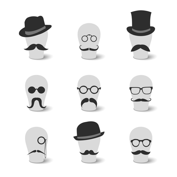 Sammlung von Schnurrbart Hüte und Brillen - Vektor, Bild