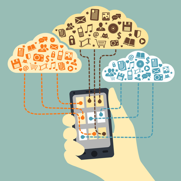 el tutarak Cloud hizmetlere bağlı akıllı telefon - Vektör, Görsel