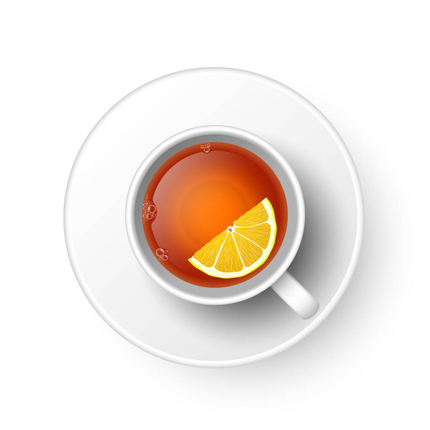 Realistyczna 3d filiżanka gorącego aromatycznego świeżo parzonego napoju czarna herbata z cytryną, spodek. Teacup widok góry izolowane na białym tle. Ilustracja wektorowa dla webu, projektowania, menu, aplikacji. - Wektor, obraz