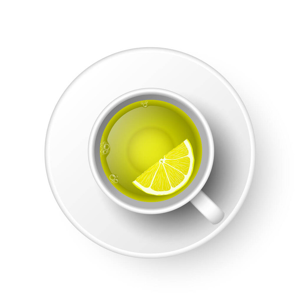 Realistische 3D-Tasse heißen aromatischen frisch gebrühten Tee mit Zitrone trinken. Eine Teetasse von oben isoliert auf weißem Hintergrund. Vektorillustration für Web, Design, Menü, App. - Vektor, Bild