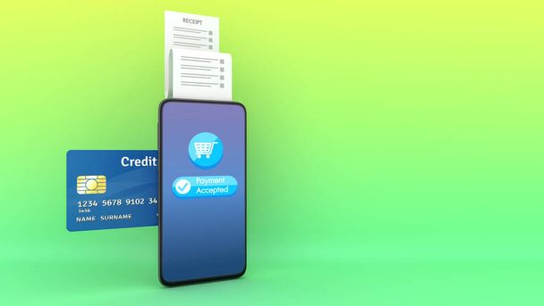 Insira o cartão de crédito para um recibo de papel de impressão de telefone., Conceito de pagamento móvel., 3D rendering
. - Foto, Imagem
