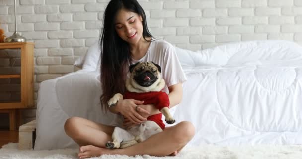 Beautiful Asian young woman playing with her dog and smiling with dog pug breed looking in funny and serious face in bedroom feeling so happiness and relaxation,Dog Friendship Concept - Felvétel, videó