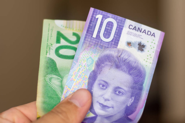 Osoby podające Walutę Kanady - Jeden fioletowy dziesięć dolarów i zielone dwadzieścia banknotów z Viola Desmond rozłożone na brązowym tle. Wymiana pieniędzy. Prawa obywatelskie. - Zdjęcie, obraz