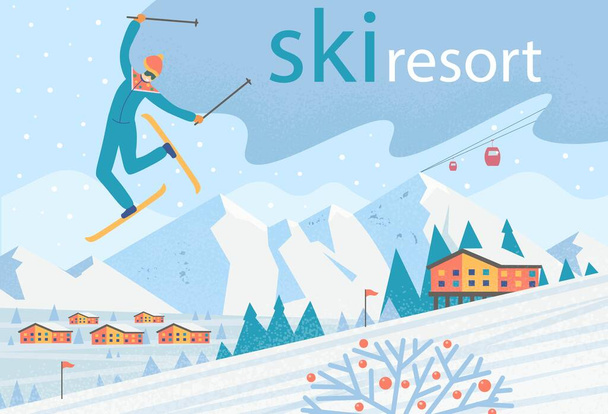 スキーヤーは宙返りを作る。スキーリフト、住宅や山と冬の風景。スキー場。ベクトル平図. - ベクター画像