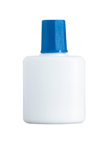 Plastic flask for liquid with a blue cap isolated on white, mocked up.. Plastic stationery flask for glue or ink isolated on white. - Fotó, kép