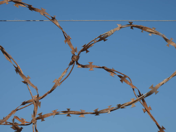 rusty barbed wire on a background of blue sky - Photo, Image