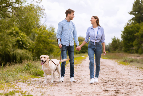 Couple and their retriever walking in the countryside - Фото, изображение