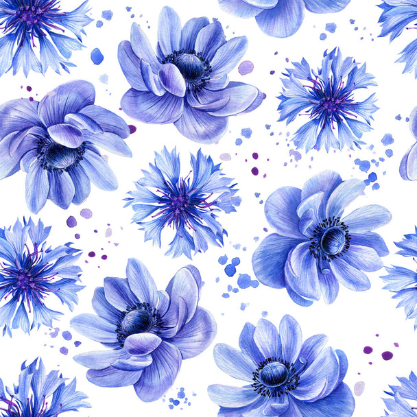 Blue flowers, cornflower, anemones, seamless flower patterns, watercolor floral design on a white background - Foto, Imagem