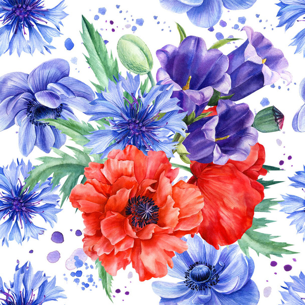 Τα λουλούδια έτοιμα. Poppies, bluebells, ανεμώνη, cornflower, λευκό φόντο, βοτανική απεικόνιση, υδατογραφία χλωρίδα σχεδιασμό - Φωτογραφία, εικόνα