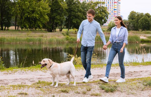 Retrato de jovem casal feliz andando com seu cão
 - Foto, Imagem