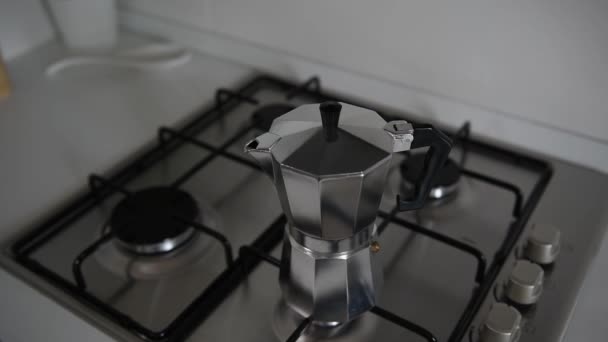 Process of making fresh Italian espresso with mocha coffee maker or moka pot - Filmati, video