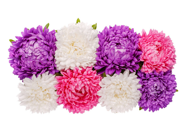 Boeket kleurrijke aster bloemen geïsoleerd op wit. Bovenaanzicht. Close-up. - Foto, afbeelding