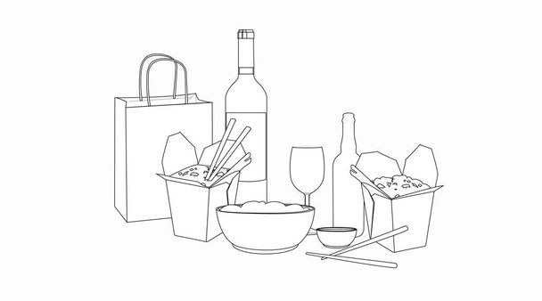 Illustration isolée en noir et blanc vectorielle des aliments à emporter, avec vin et bière - Vecteur, image