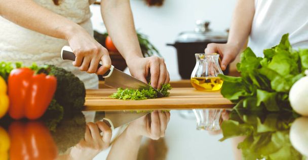 Closeup of human hands cooking in kitchen. Mother and daughter or two female friends cutting vegetables for fresh salad. Friendship, family dinner and lifestyle concepts - Foto, afbeelding