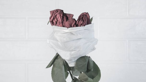 Three wilted roses in a medical mask as a symbol of the covid pandemic.Flowers are quarantined in a protective mask against viruses,colds and flu.Preventing the development of an outbreak of infection - Photo, Image