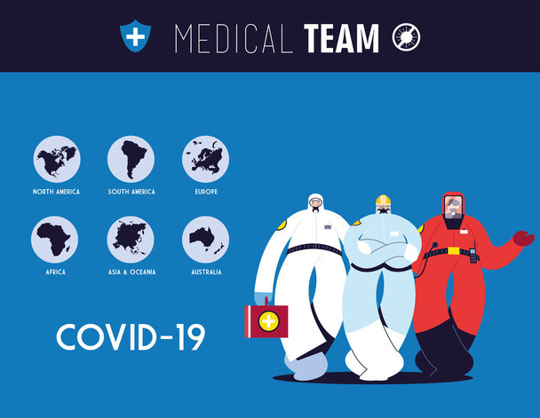 Egészségügyi vészhelyzet esetén a különböző országokban dolgozó első osztályú orvosi csoport - Vektor, kép