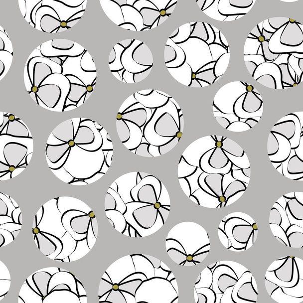 Vektorové květinové kruhy v bílé šedé rozptýlené na šedém pozadí bezešvé opakování vzor. Pozadí pro textil, karty, výrobu, tapety, tisk, dárkový obal a scrapbooking. - Vektor, obrázek