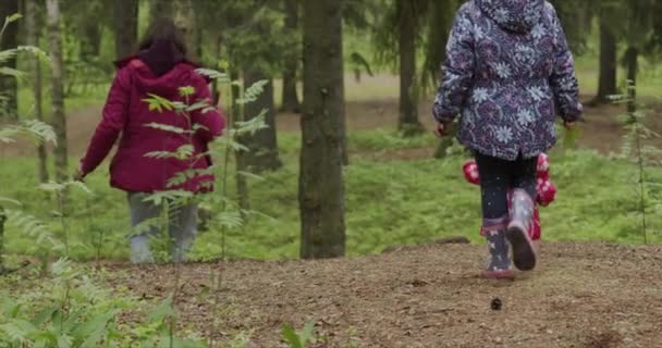 Madre e due figlie mentre camminano nella foresta con il cane - Filmati, video