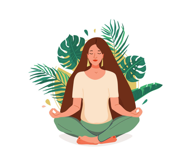 Mind wellness vector illustration. Young woman sitting in yoga lotus pose surrounded by tropical leaves and sun. Positive think creative concept - Vector, Image