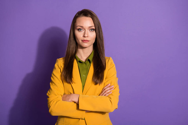 Portrait of good look focused girl business lady cross hands ready decide start-up decisions solution wear good look clothes isolated over violet color background - Photo, Image