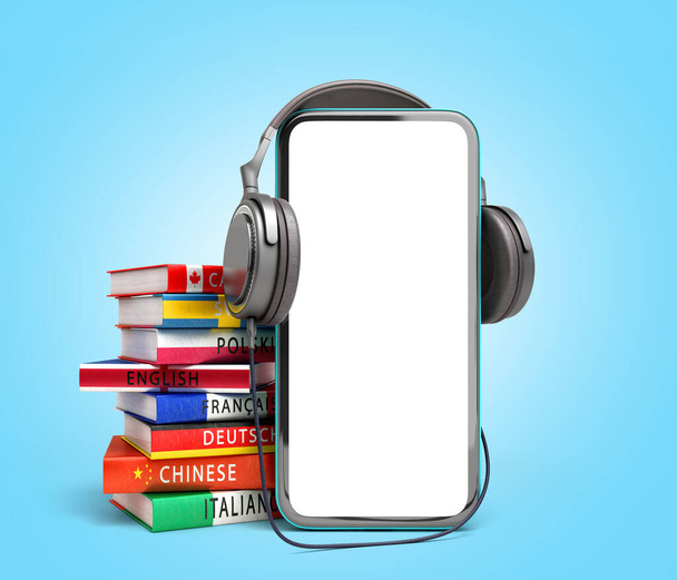 self learning concept Presentation of the application for learning foreign languages smartphone with blank screen headphones and books 3d render on a blue gradient background - Valokuva, kuva